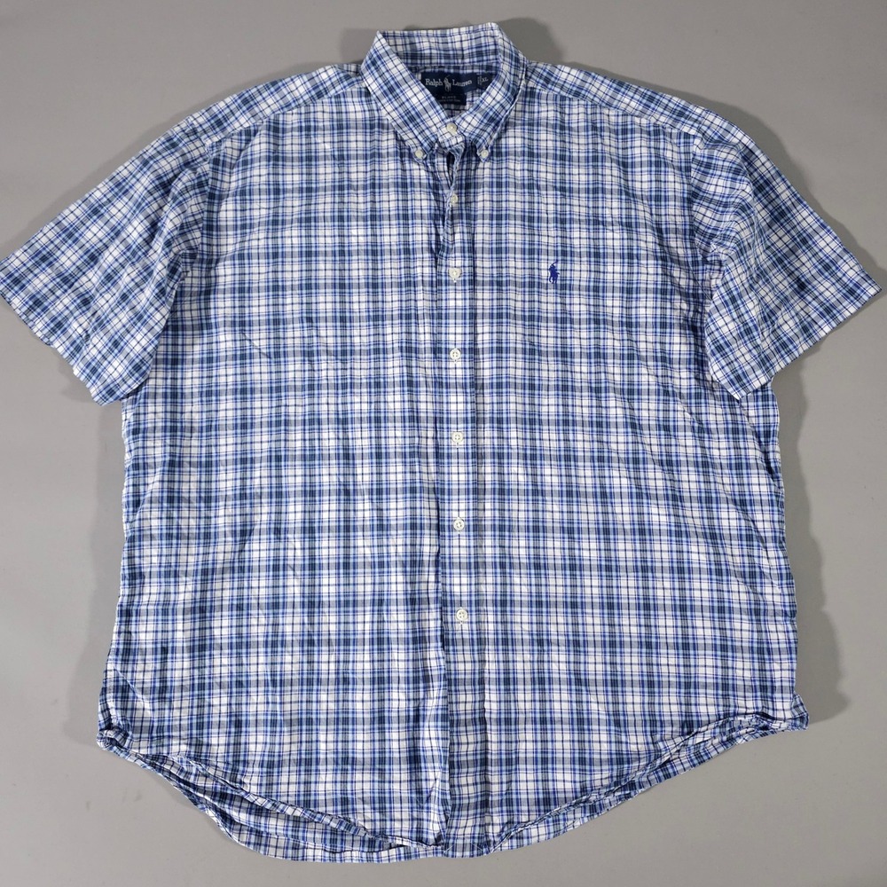 Ralph Lauren Button Down Shirt Mens XL Blue Plaid Blake Short Sleeve Cotton